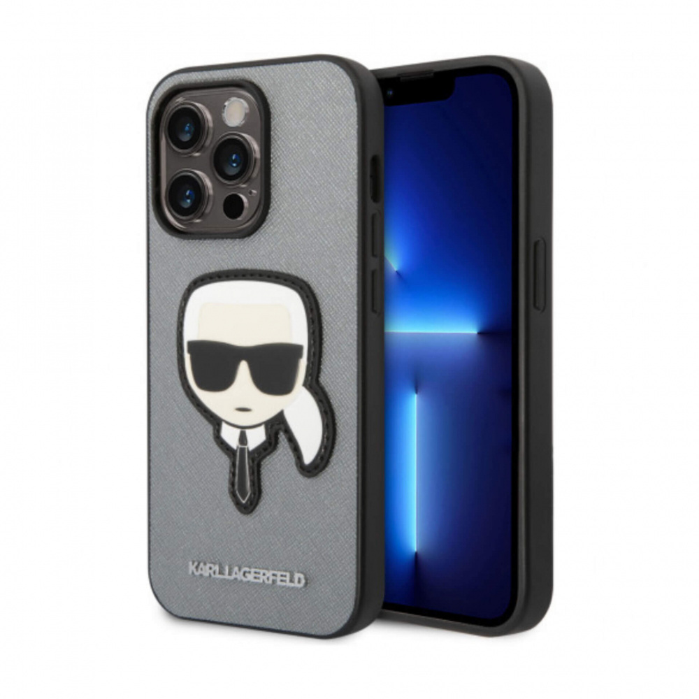����� ��� iPhone  14 Pro Max Lagerfeld PU Saffiano Karl Patch Silver