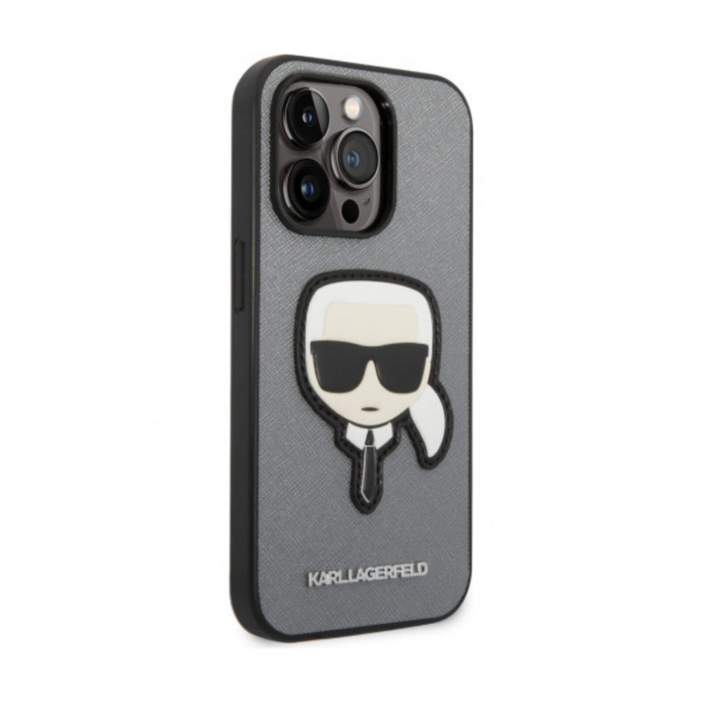 ����� ��� iPhone  14 Pro Max Lagerfeld PU Saffiano Karl Patch Silver