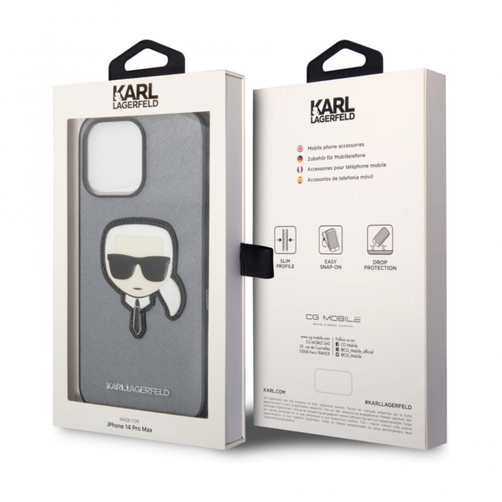 ����� ��� iPhone  14 Pro Max Lagerfeld PU Saffiano Karl Patch Silver